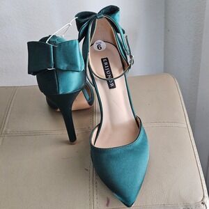 Eri Junor Green Satin Pointed Toe Ankle Strap Bow Stiletto Heels size 6